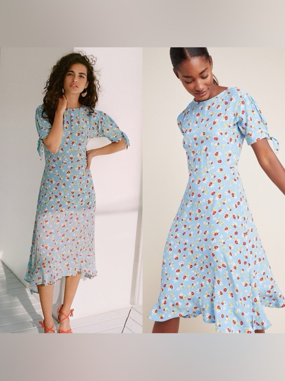 NWOT Faithfull the Brand Emilia Midi Dress Blue Floral Tie Sleeve Size 8